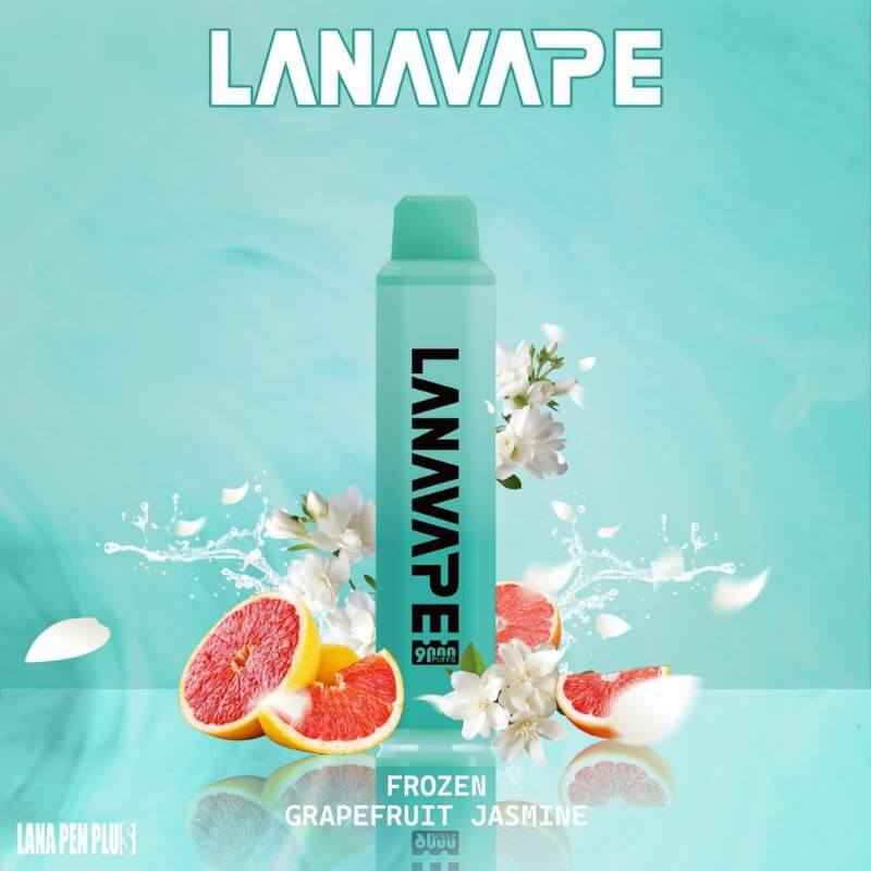 BandVape Lana Pen Plus 9K grapefruit jasmine flavored vape pen with vibrant design, featuring a sleek and portable appearance.